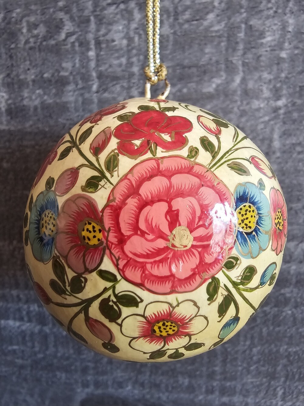 Paper Mache Bauble Christmas Tree Ornament 2.5" Handcrafted Pink Floral Ball 77a